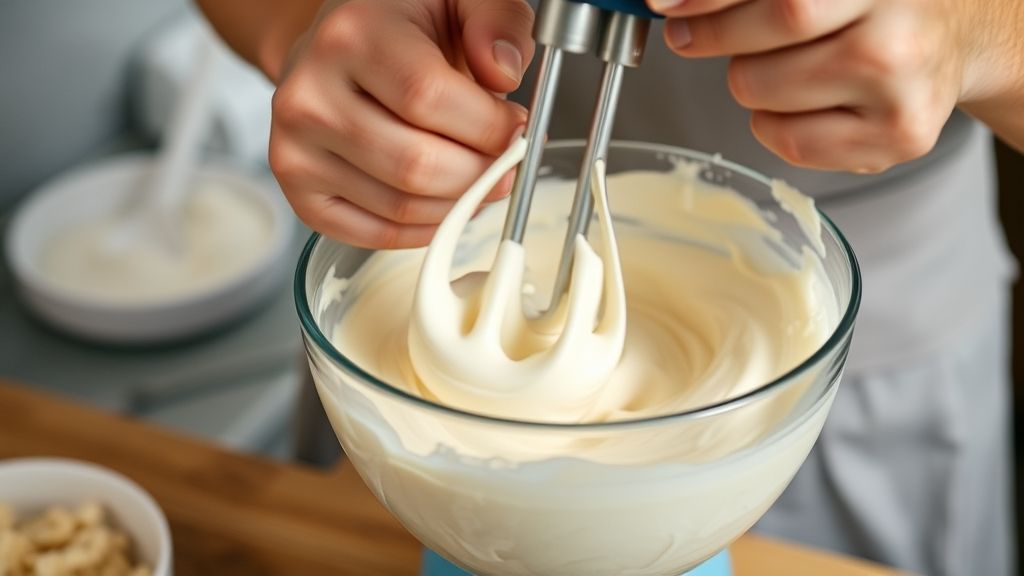 Mãos batendo a mistura cremosa do sorvete com batedeira em uma tigela