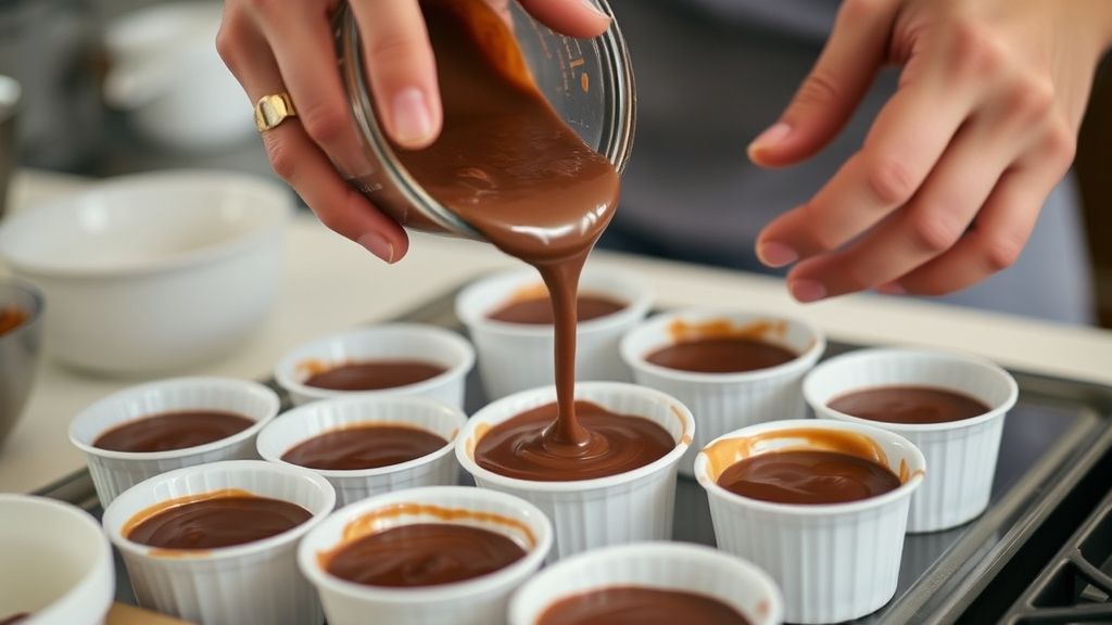 Mãos despejando ganache nos potinhos e finalizando com a base cremosa do sorvete