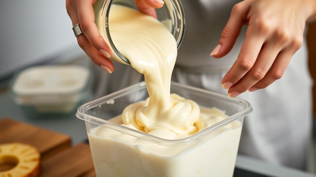 Mãos despejando o creme batido no recipiente antes de levar ao congelador, mostrando a textura cremosa do sorvete.