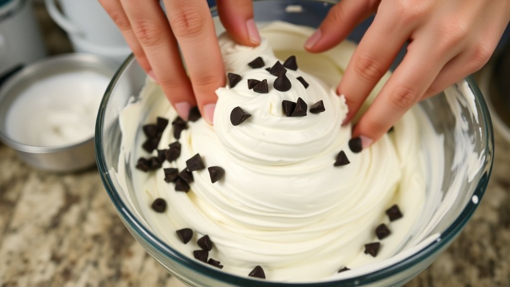 Mãos misturando o creme batido com o leite condensado e incorporando o chocolate picado.
