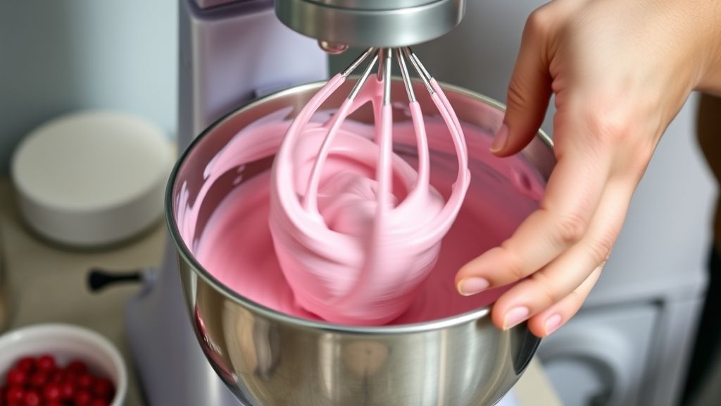 Mãos batendo a mistura rosada do sorvete em uma batedeira durante o preparo