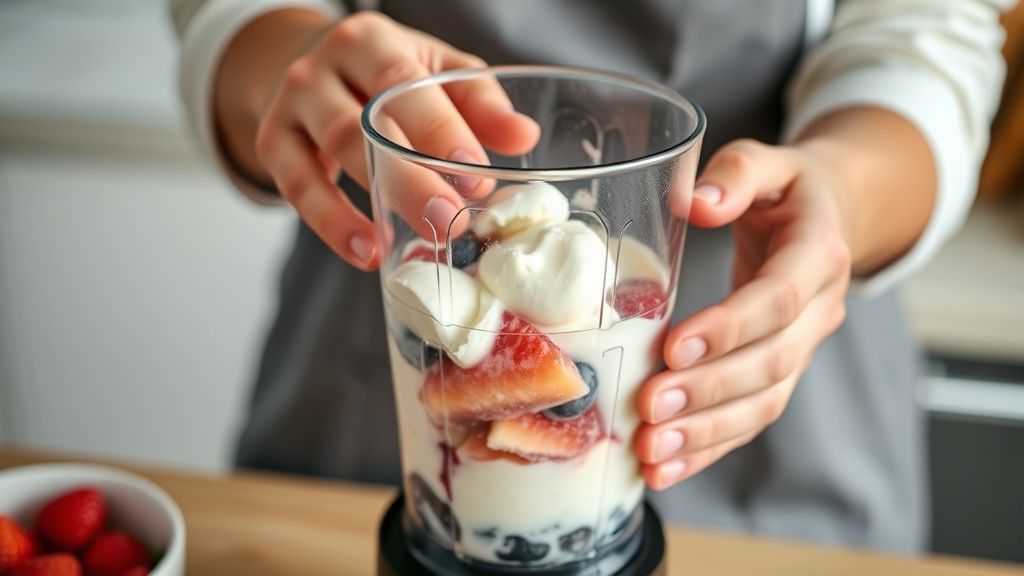 Mãos batendo frutas congeladas e iogurte no liquidificador durante o preparo do sorvete.