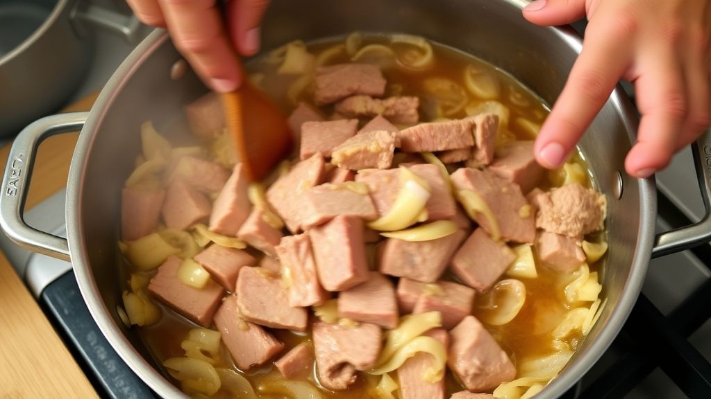 Mãos refogando a carne de porco em panela, durante o preparo do strogonoff.
