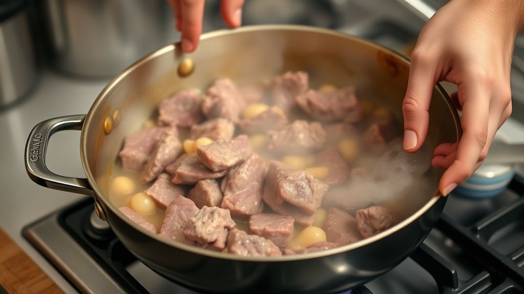 Mãos em ação refogando carne e cebola durante o preparo do strogonoff