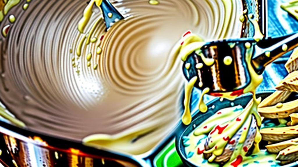 Mãos adicionando maionese à panela com frango e molho durante o preparo