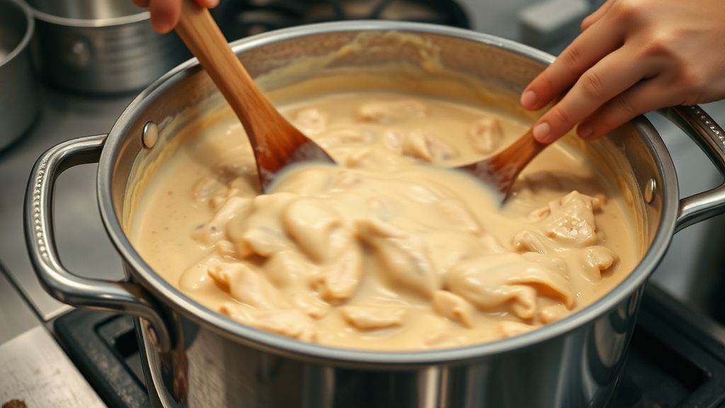 Mãos refogando frango e misturando o molho cremoso da receita.
