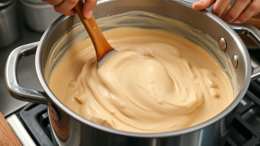 Mãos refogando frango e adicionando o molho cremoso em panela grande.