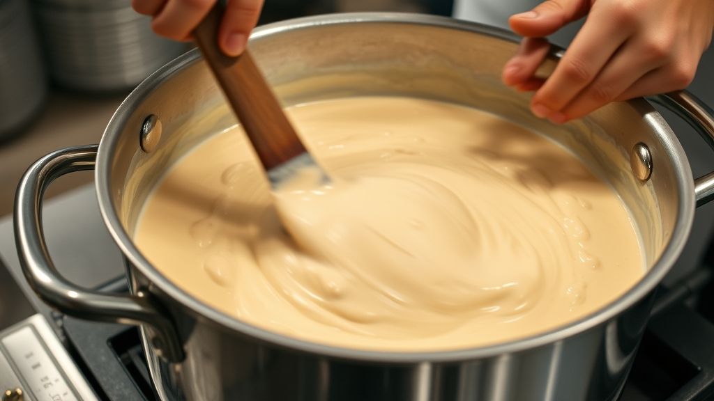 Mãos mexendo o frango e incorporando o molho em uma panela grande