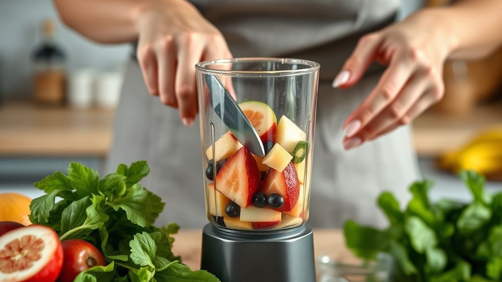 Mãos cortando frutas e colocando os ingredientes no liquidificador para preparar o suco detox