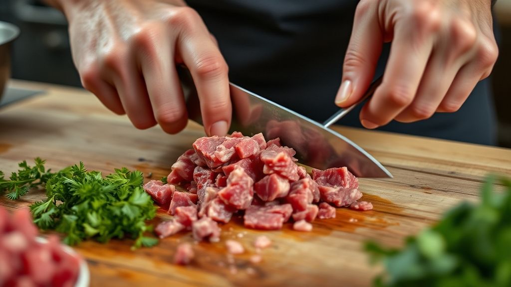 Mãos picando filé mignon na ponta da faca para o tartar de carne.