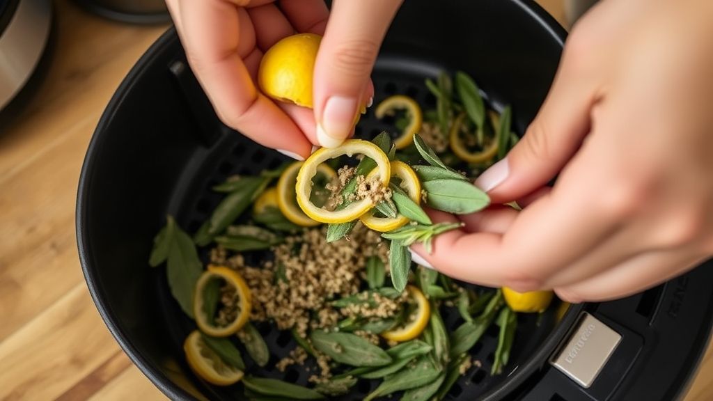 Mãos desidratando cascas de limão e folhas de sálvia em uma airfryer, com utensílios ao fundo.