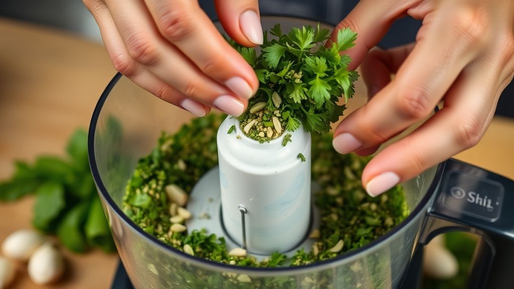 Mãos adicionando cheiro-verde e alho no processador durante o preparo do tempero