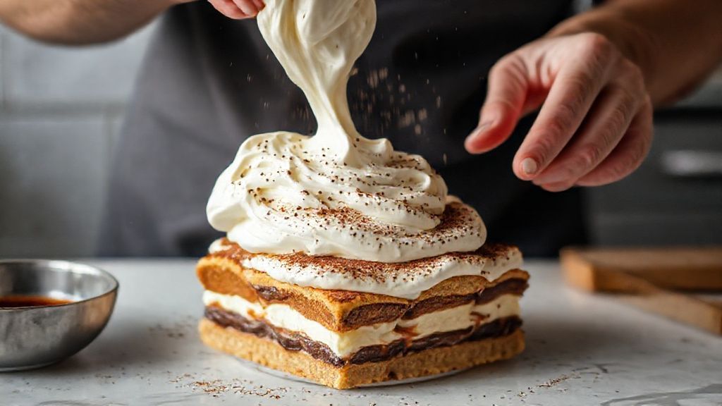 Mãos montando o tiramisù, mergulhando biscoitos no café e espalhando o creme mascarpone.