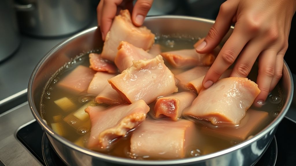 Mãos fritando pedaços de torresmo em panela funda com óleo quente