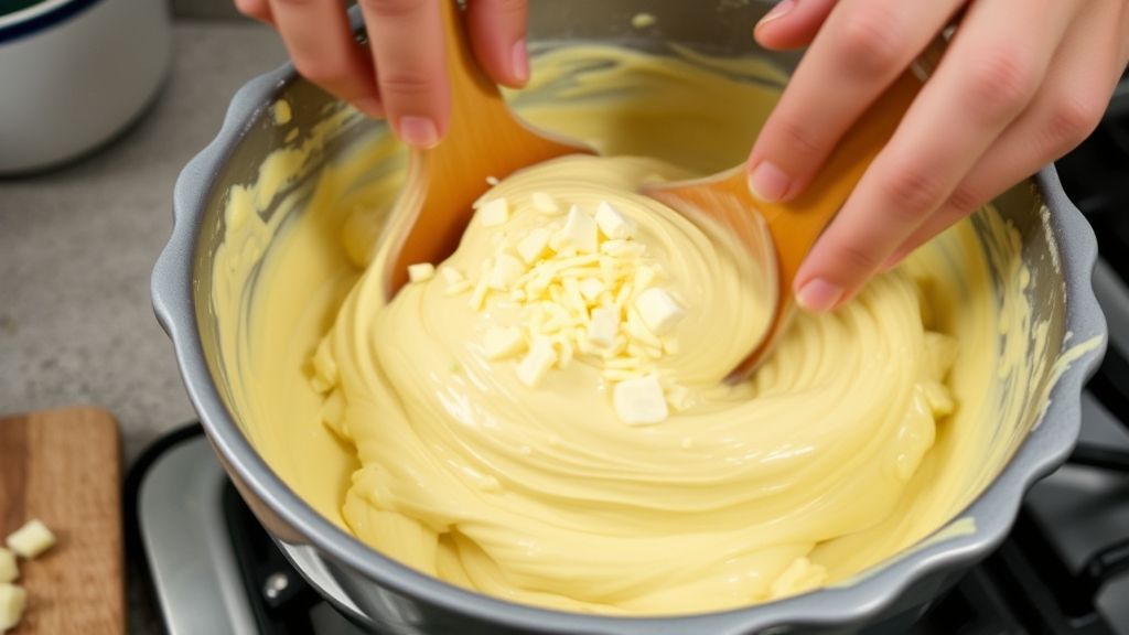 Mãos misturando o recheio cremoso de queijo e cebola em uma tigela