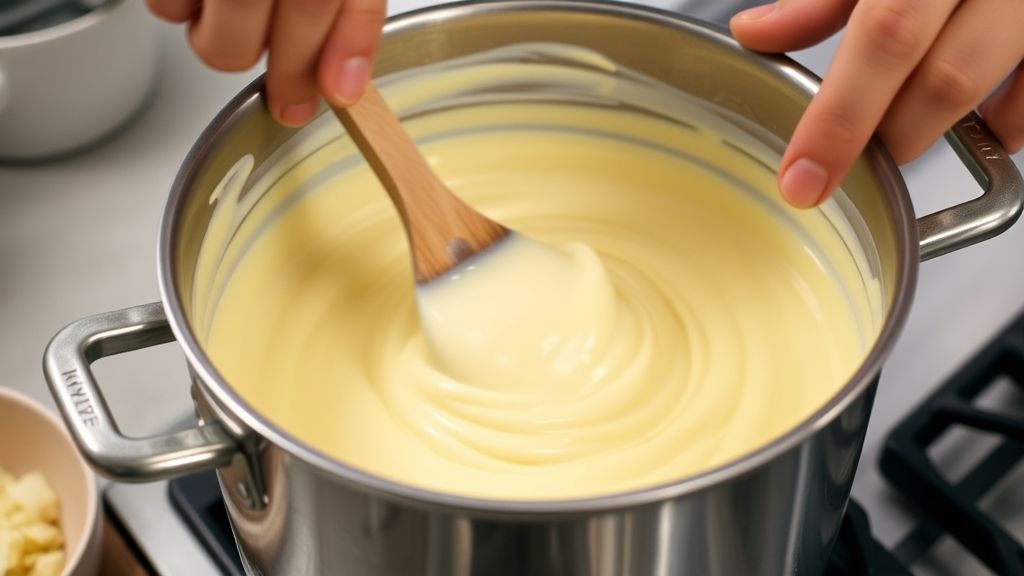 Mãos misturando creme de coco em panela durante o preparo da torta.