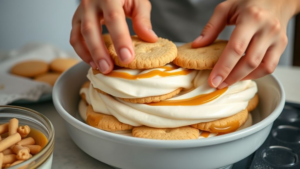 Mãos montando as camadas de bolacha, nata e doce de leite em refratário