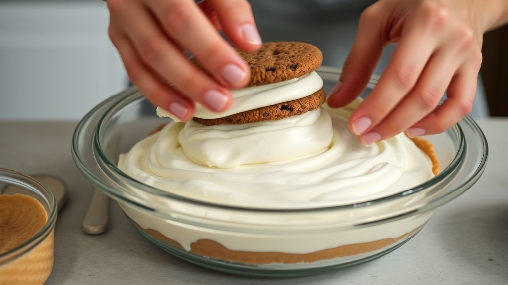 Mãos misturando o creme de nata e montando camadas de bolacha e creme