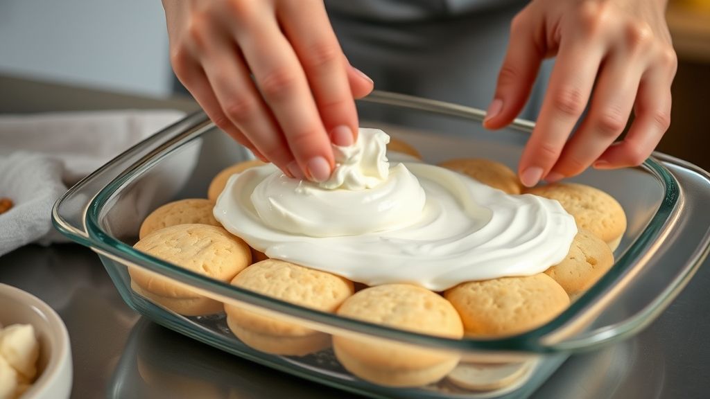 Mãos espalhando creme sobre uma camada de bolacha durante a montagem da sobremesa.