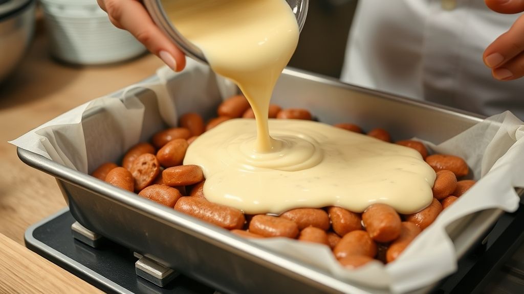 Mãos derramando a massa sobre o recheio de salsichas em uma forma antes de levar ao forno
