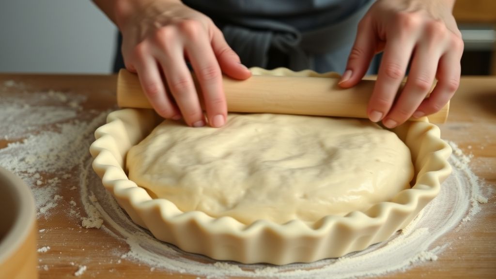 Mãos abrindo a massa da torta de frango e montando a forma durante o preparo