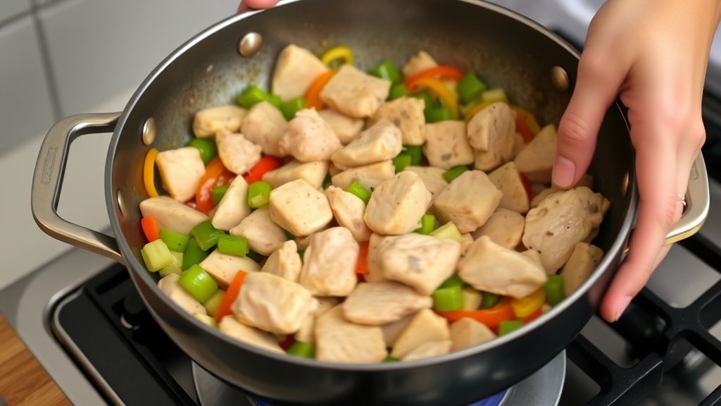 Mãos refogando frango e legumes em panela durante o preparo do recheio