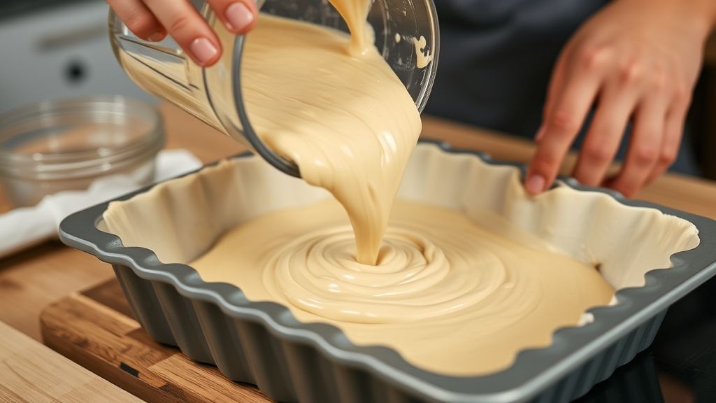 Mãos despejando a massa batida no liquidificador sobre o recheio em uma forma untada