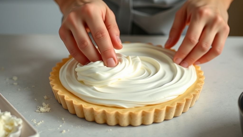 Mãos espalhando creme de nata sobre a base de biscoito em forma de fundo removível