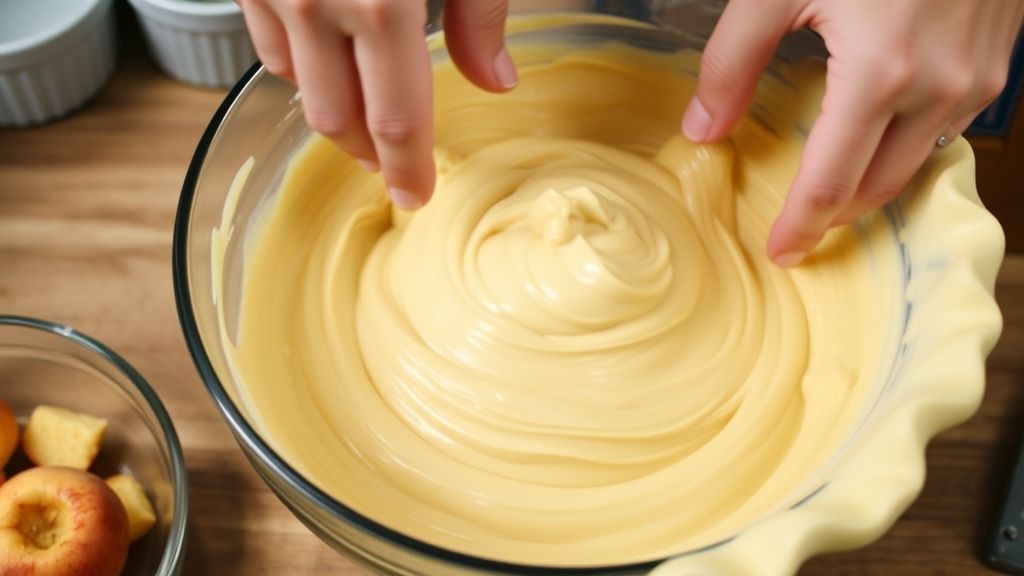 Mãos misturando o creme de recheio da torta em uma tigela durante o preparo