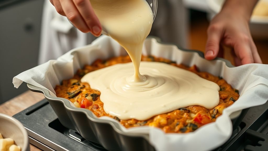 Mãos despejando a massa sobre o recheio antes de levar ao forno
