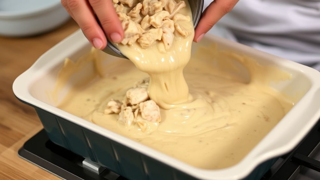 Mãos despejando recheio de frango temperado sobre a massa já colocada na forma
