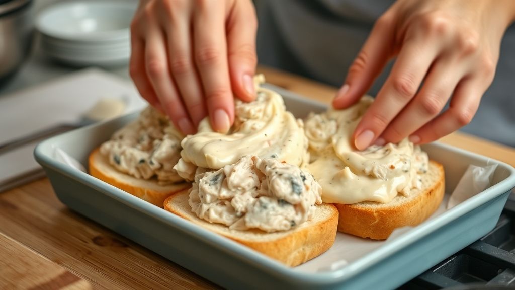 Mãos espalhando recheio cremoso de frango sobre camadas de pão de forma em um refratário
