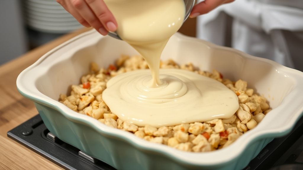 Mãos em ação montando a torta de frango em uma forma, cobrindo o recheio com a massa