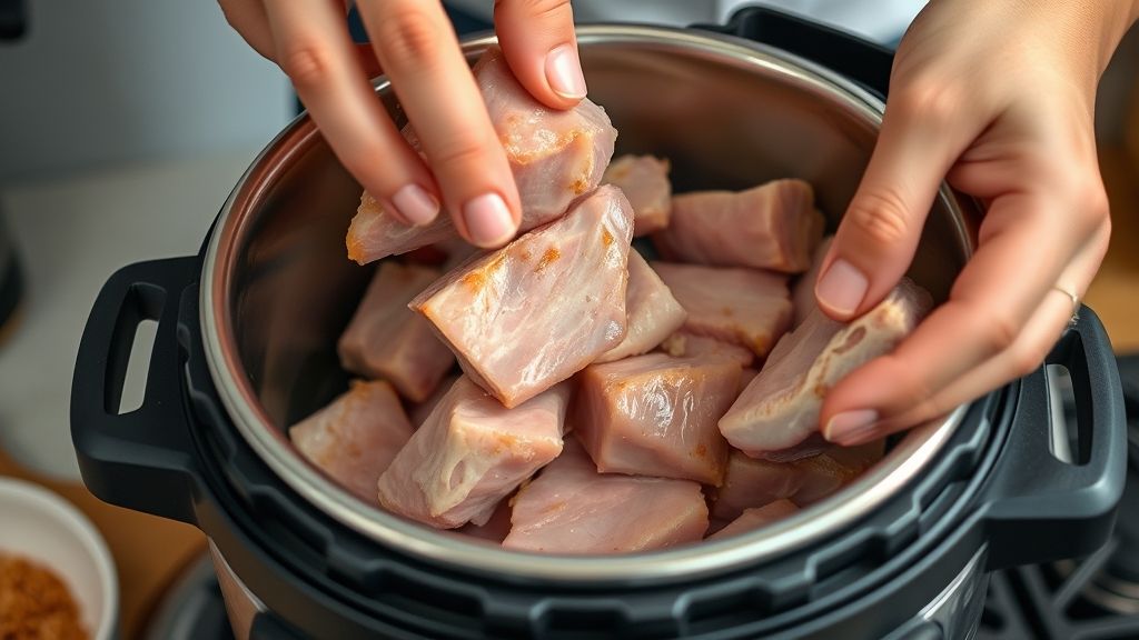 Mãos posicionando pedaços de toucinho em uma panela de pressão durante o preparo