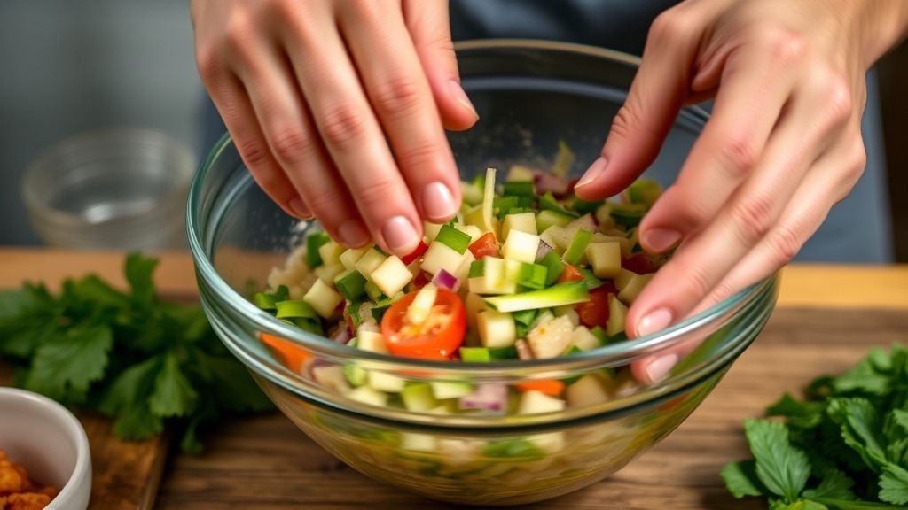 Mãos misturando os ingredientes coloridos do vinagrete em uma tigela de vidro