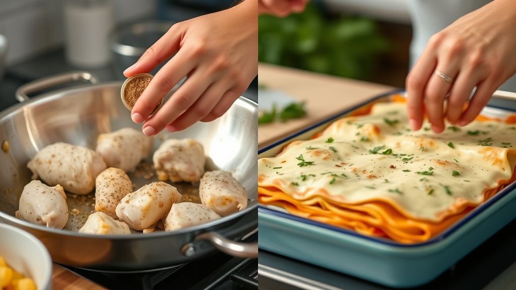 Mãos temperando frango e montando lasanha em uma cozinha caseira.