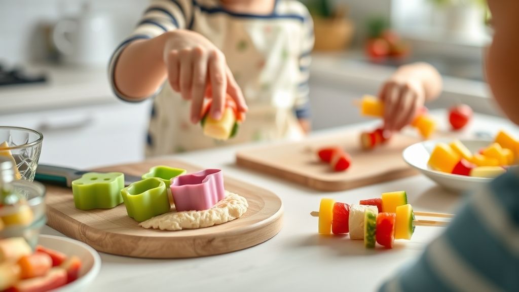 Mãos em ação montando mini-sanduíches com moldes divertidos e espetinhos de frutas coloridos