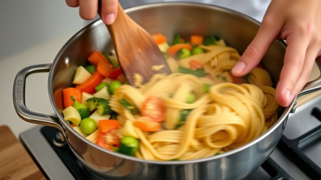 Mãos refogando legumes e mexendo panela, mostrando o preparo das receitas