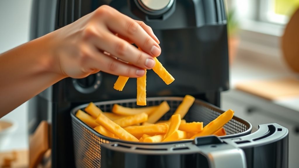 Mãos adicionando batatas na cestinha de uma airfryer durante o preparo.