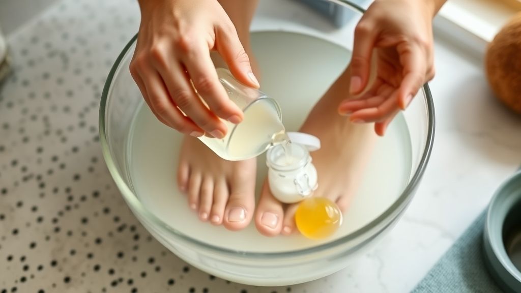 Mãos preparando a mistura da água morna com vinagre e óleo de coco em uma bacia