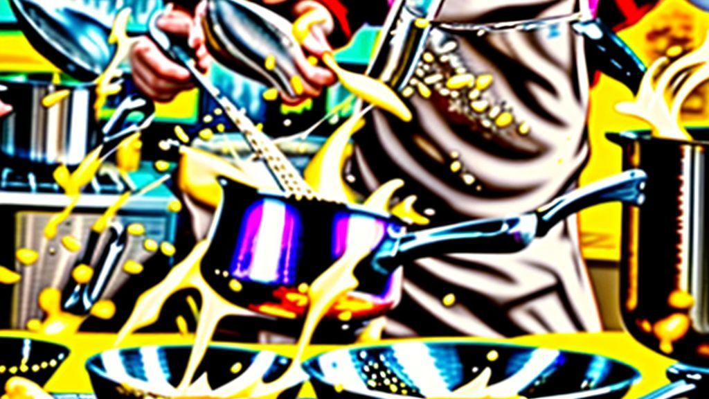 Mãos grelhando os filés de frango em frigideira e preparando o creme de milho na panela