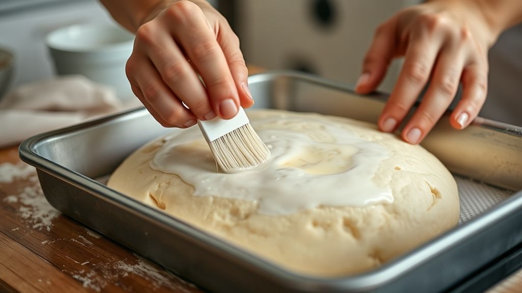 Mãos modelando e pincelando o pão antes de ir ao forno, destacando a textura e técnica.