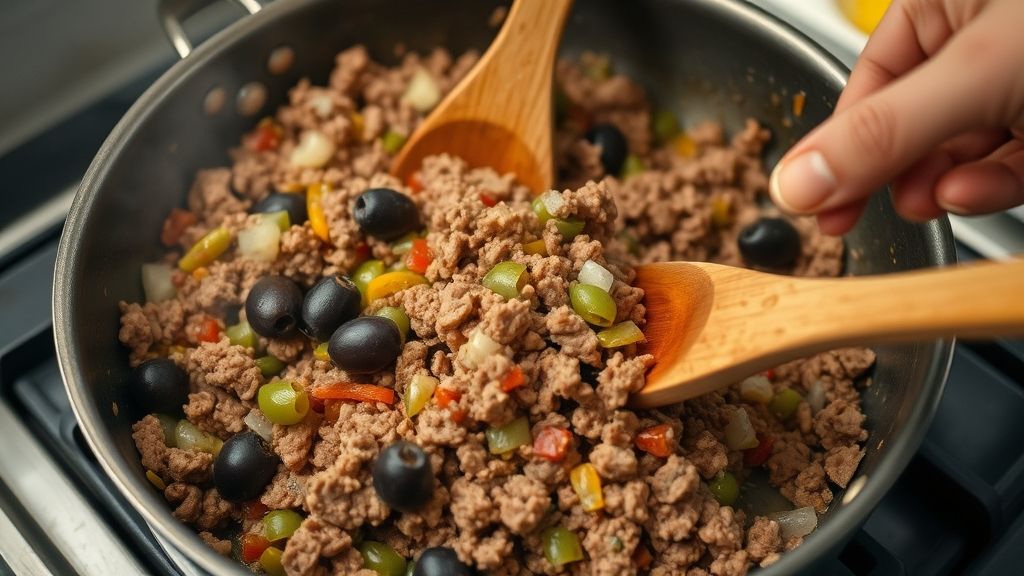 Mãos refogando carne moída com vegetais em panela, mostrando o passo crucial da receita