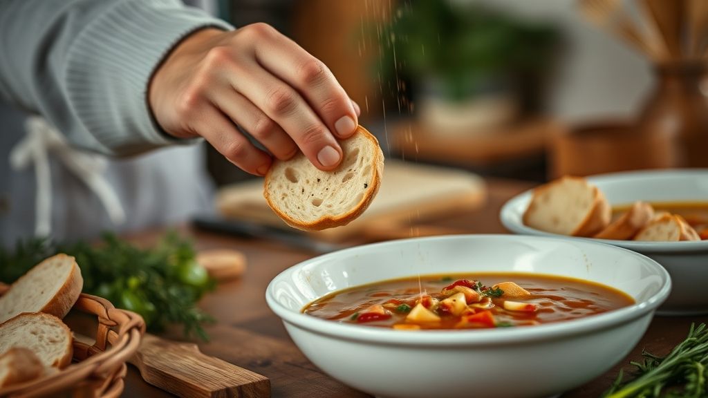 Mãos cortando pão e temperando com azeite e alho antes de ir ao forno