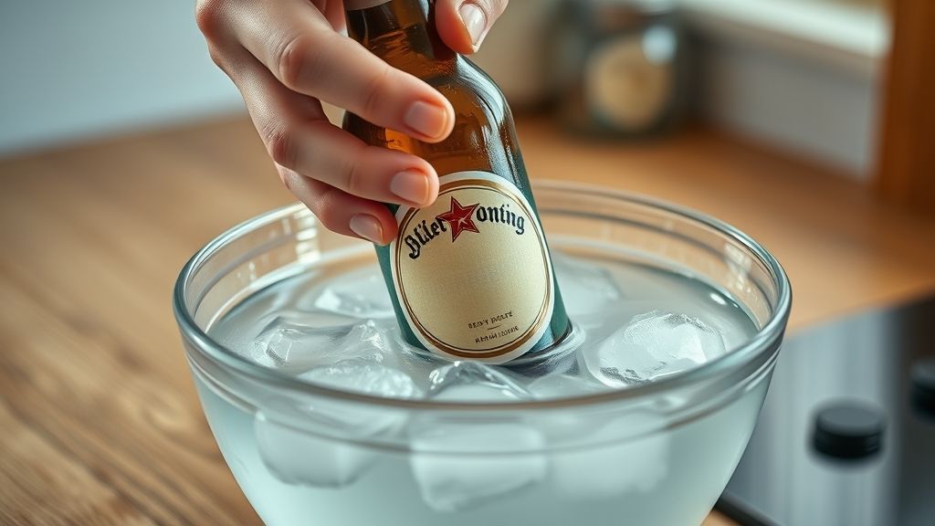 Mãos colocando garrafa de cerveja em recipiente com água fria, sem gelo e com cuidado