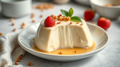 Pudim dourado com calda brilhante servido em prato branco, exibindo textura cremosa e convidativa