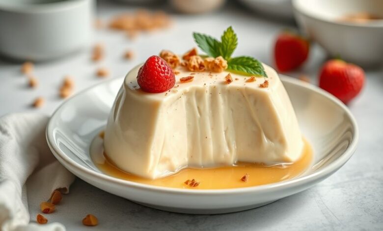 Pudim dourado com calda brilhante servido em prato branco, exibindo textura cremosa e convidativa