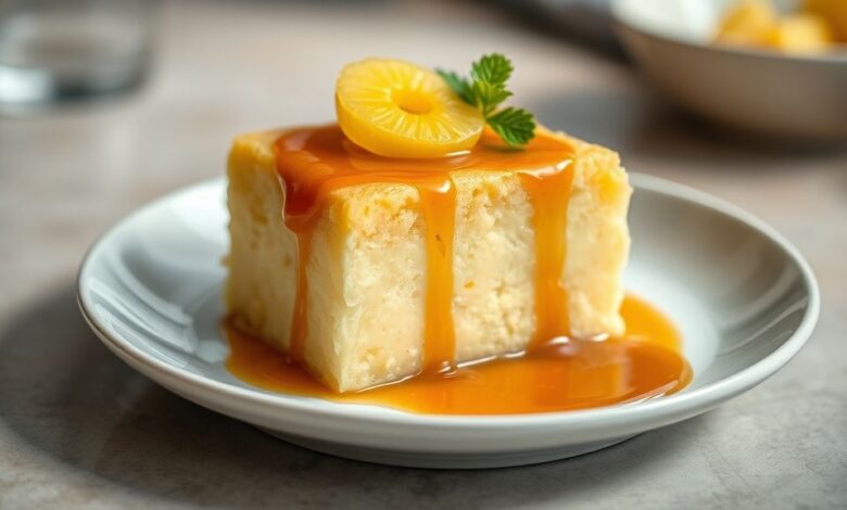 Pudim de abacaxi em calda cremoso, dourado e brilhante, servido em prato elegante com pedaços de fruta tropical
