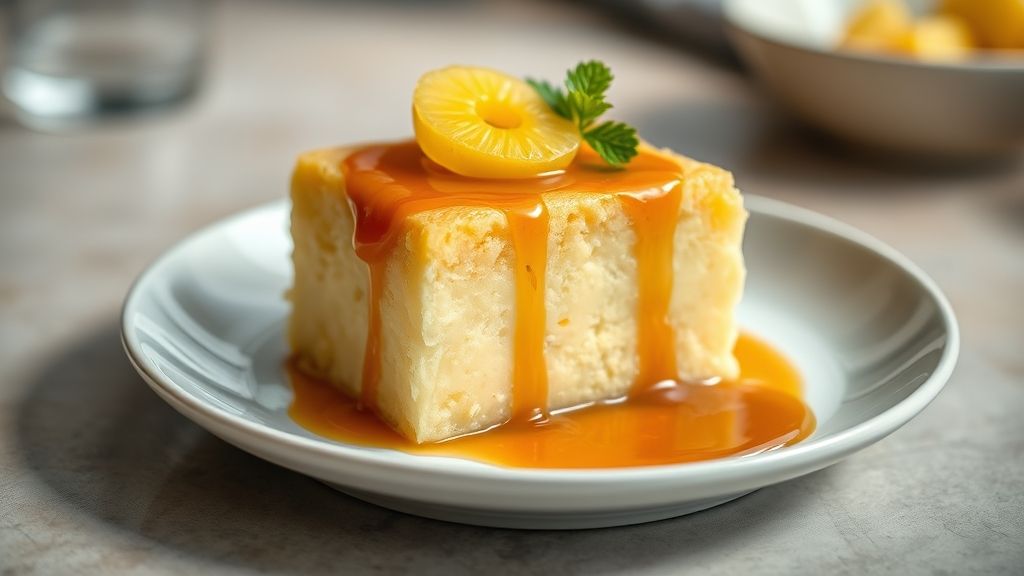 Pudim de abacaxi em calda cremoso servido com calda dourada e pedaços de abacaxi fresco