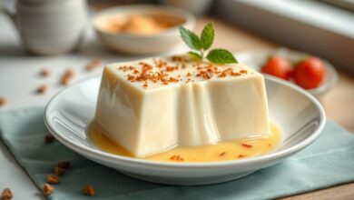 Pudim dourado com calda de caramelo brilhante servido em prato branco, textura cremosa e aspecto irresistível